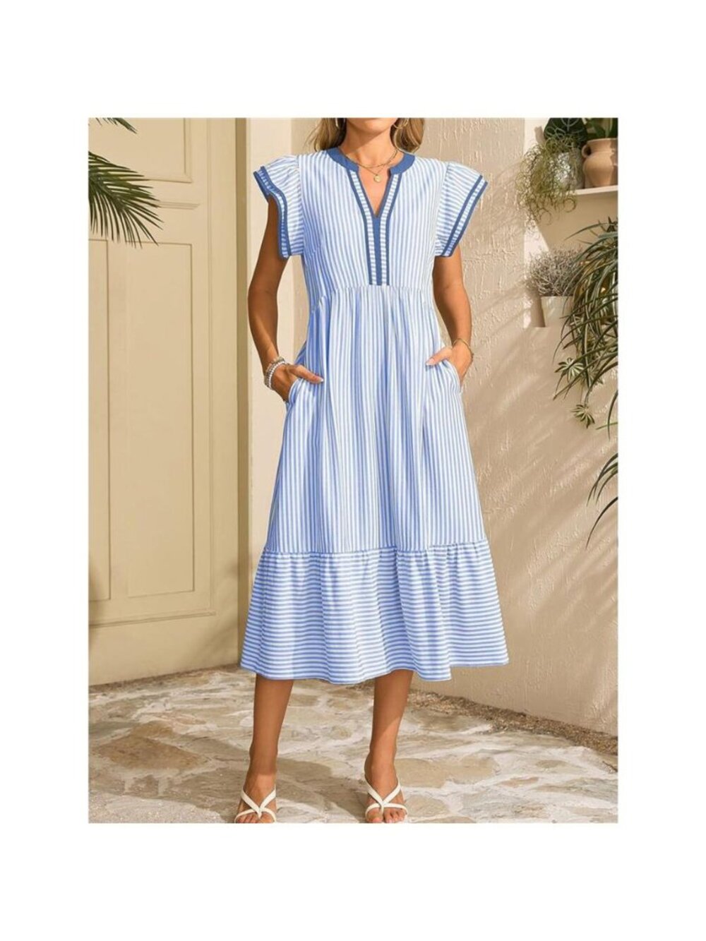 Striped Ruffle Sleeve Midi Dress